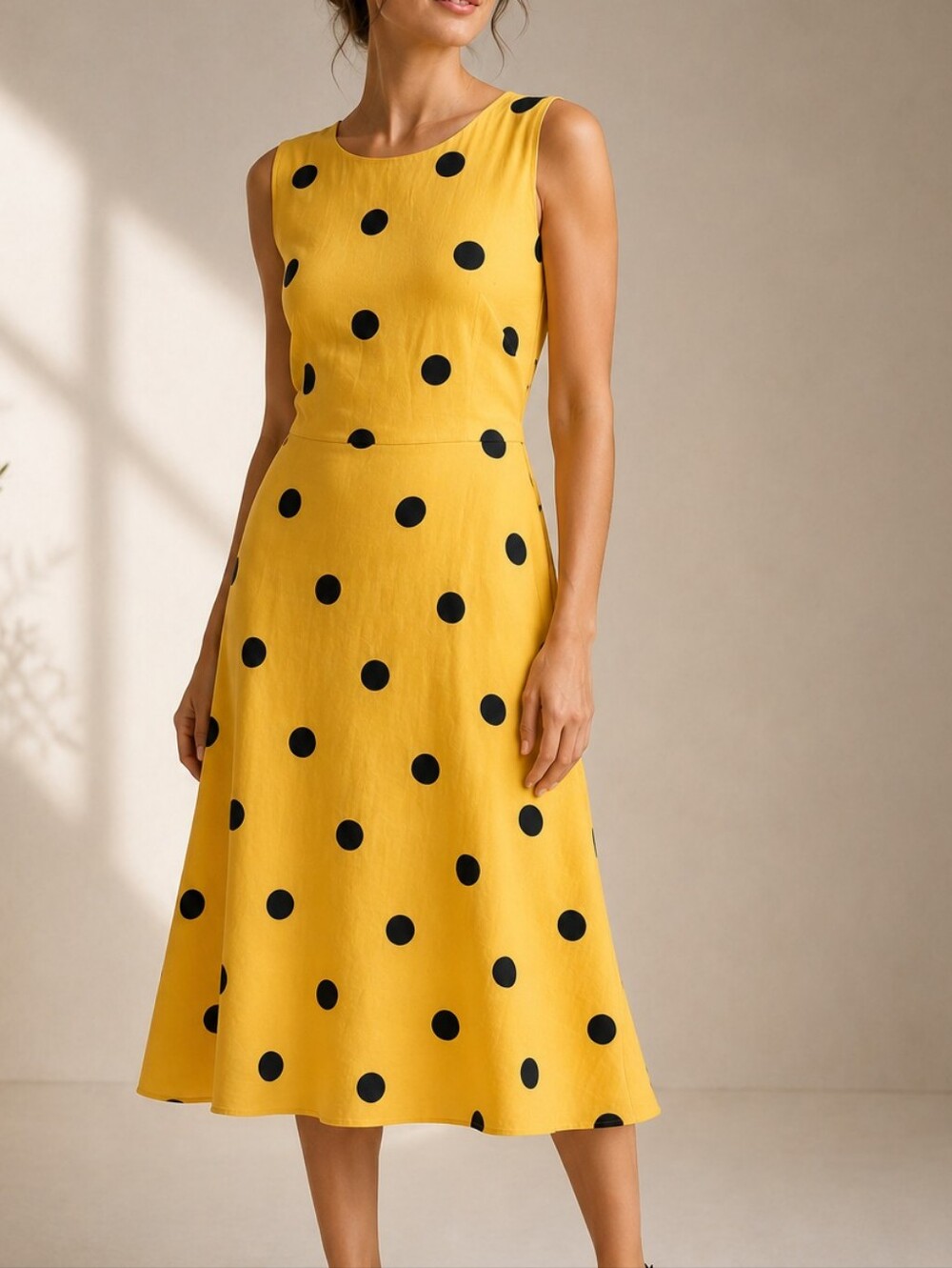 HOBBS London Linen Tie Waist Polka Dot A-line Midi Dress Classic Women's US 6